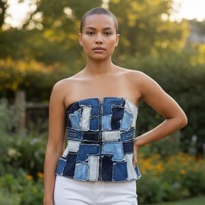 6th & Lane Denim Patchwork Front Zip Stretchy Removable‎ Straps Plus Sz 24 Top